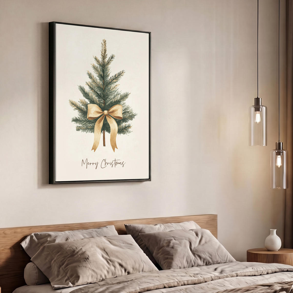 LEINWAND Bilder mit Rahmen - Weihnachtsbaum - Weihnachten - Frohe Weihnachten - Beige - 70x100 - Sandfarben, Textil (70/100cm) - MuchoWow