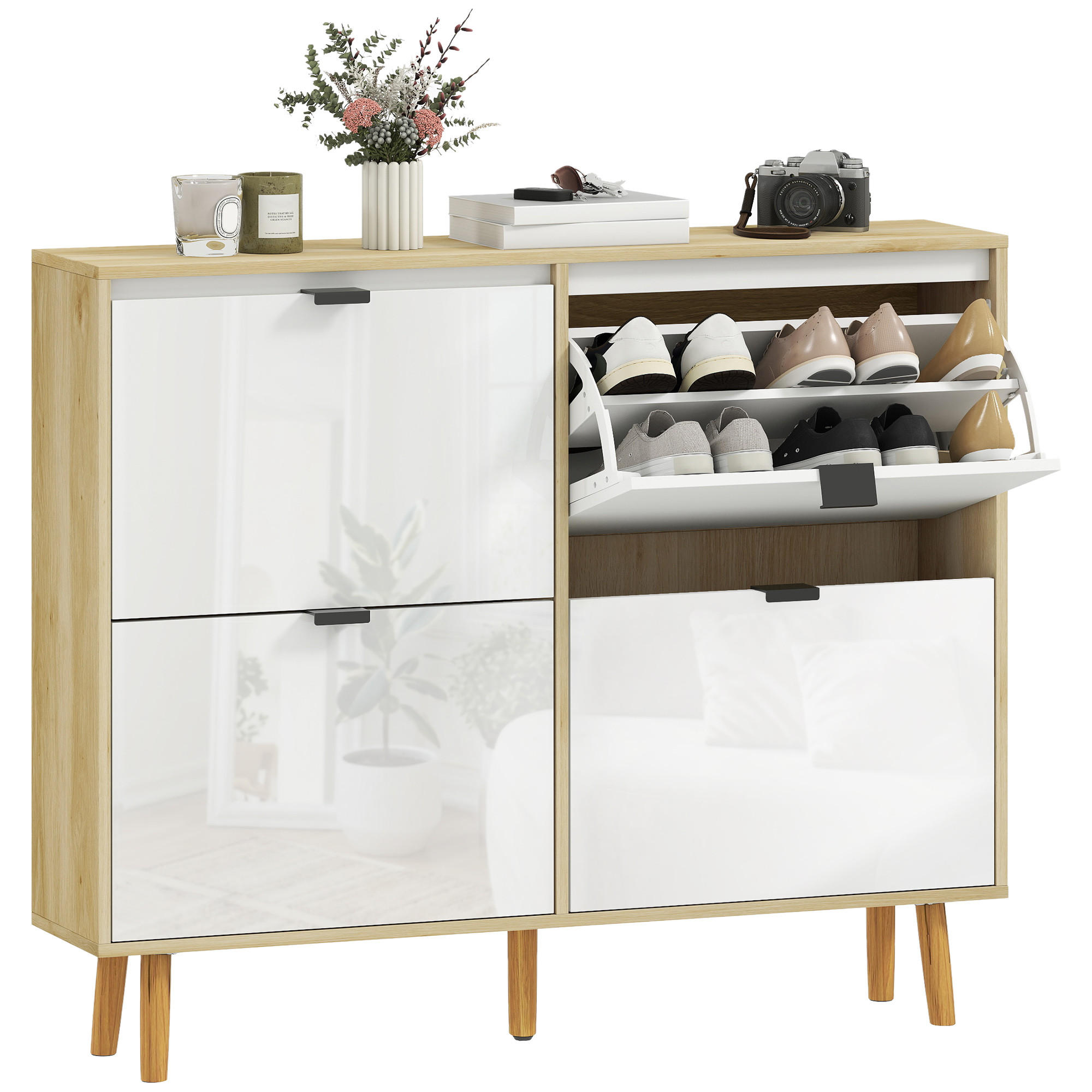 SCHUHSCHRANK DE-15047 4 Klapptüren, weiß Hochglanz, für bis zu 20 Paar Schuhe - Weiß, Holzwerkstoff (105/92.5/24cm) - ComfortXL