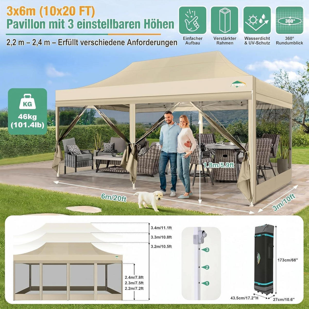 FALTPAVILLON 3 x 6 m mit Moskitonetz Khaki - Beige, Textil (300/275/600cm)
