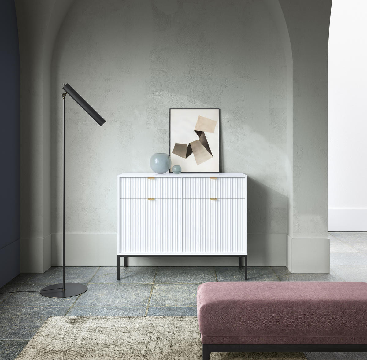 SIDEBOARD Eternas 2T 2S Weiß 104/83/39 cm – schwarze Füße, mit geriffelten Fronten - Schwarz/Weiß, Holzwerkstoff (104/83/39cm) - AX Living