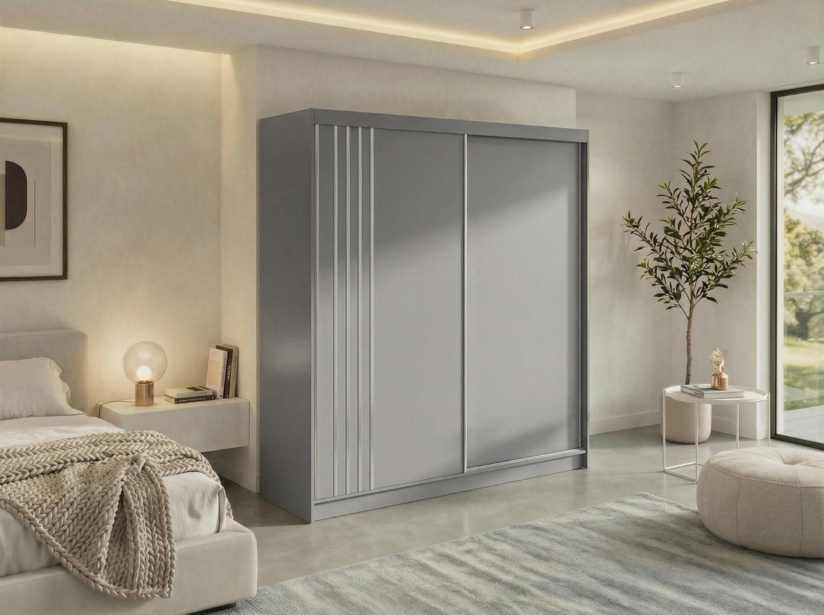 SCHWEBETÜRENSCHRANK mit Lamellen und Schubladen NAURU - 200 - Grau und Weiß - Alufarben/Weiß, Holzwerkstoff/Metall (200/216/61cm) - MKS