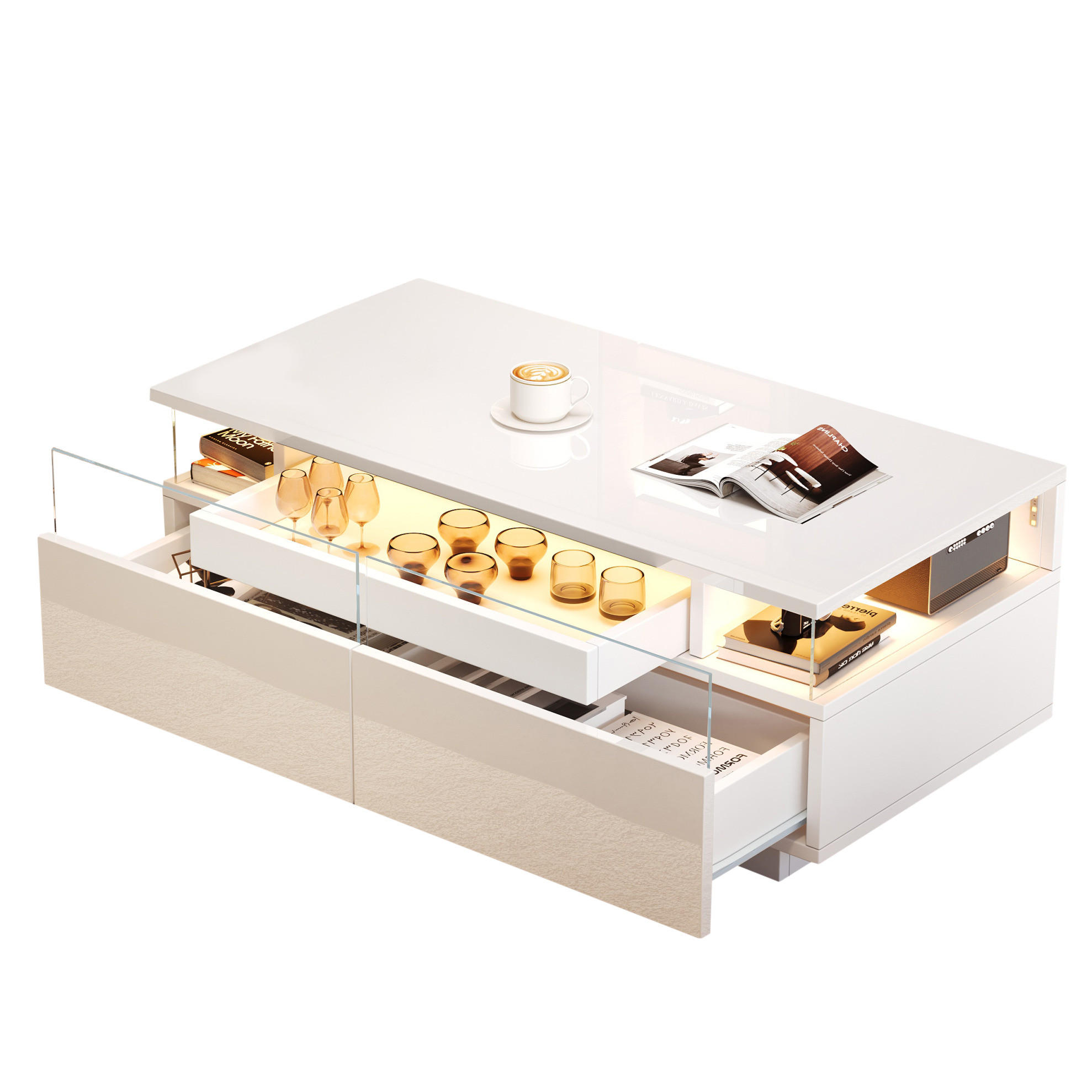 COUCHTISCH 90/45/35,5 cm in Weiß mit LED-Beleuchtung und 2 Schubladen - Weiß, Holzwerkstoff (90/45/35.5cm) - Flora Grace