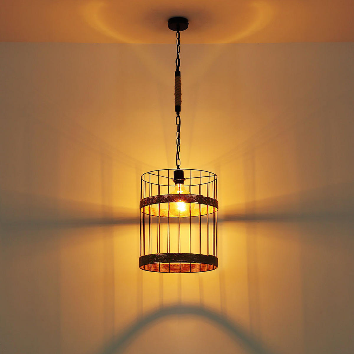 HÄNGELEUCHTE Gitteroptik Schwarz Hanfseil - Schwarz, Metall (35/35/145cm) - Globo Lighting