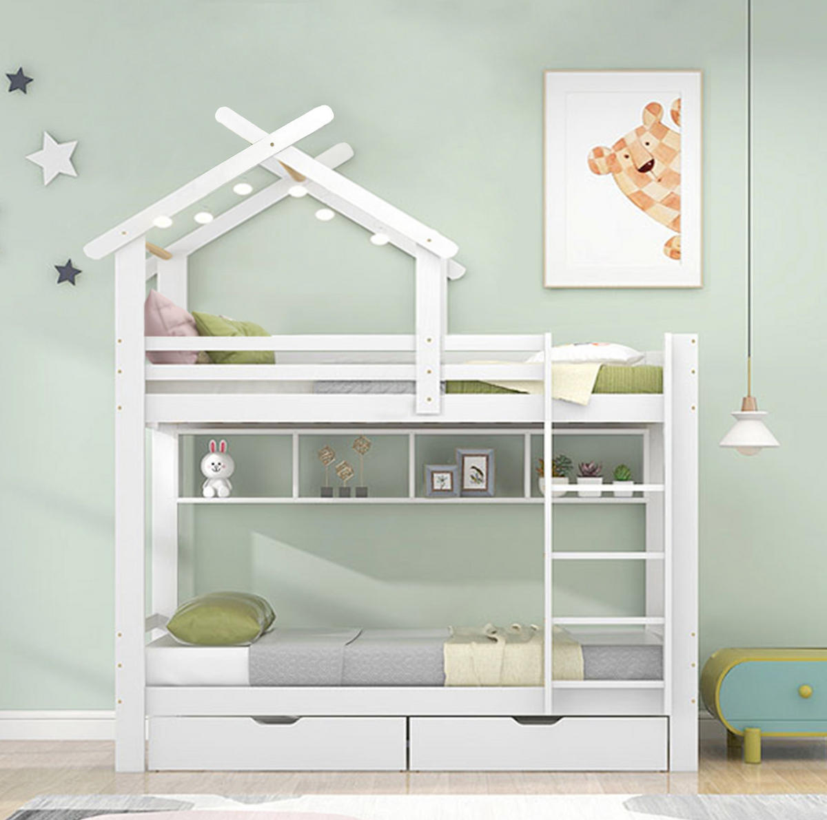 HAUSBETT 90/200 cm Weiß mit Stauraum und Regal aus Kiefer massiv - Weiß, Holzwerkstoff (90/200cm) - Flora Grace