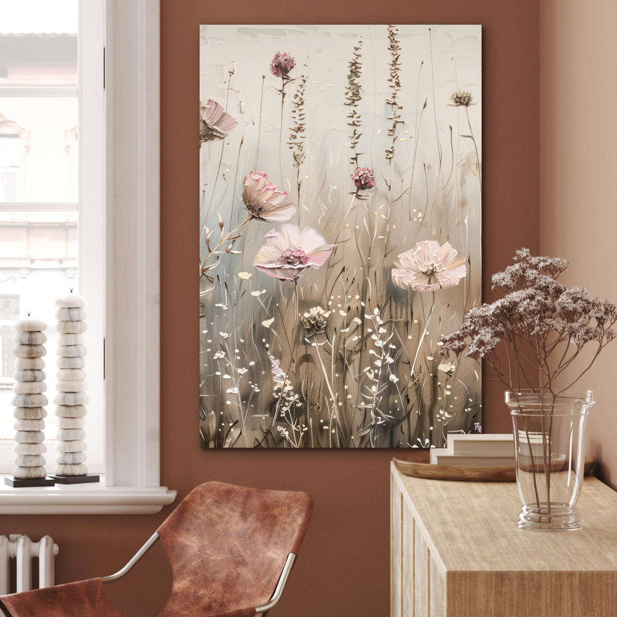 METALLBILD Blumen - Rosa - Modern - Beige 60x90 cm - Beige, Metall (60/90cm) - MuchoWow