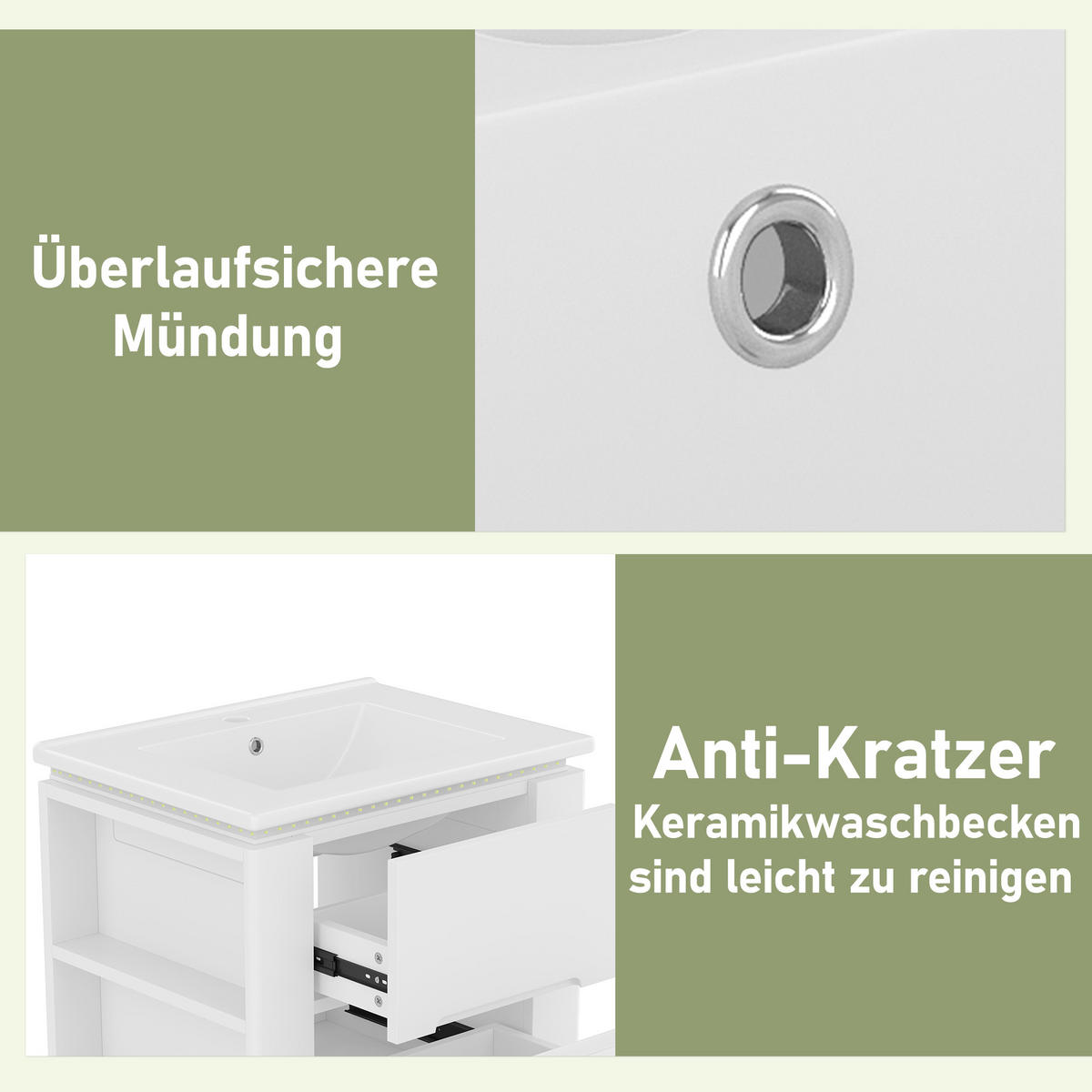 BADMÖBEL Set 61 cm wandhängend, Waschtisch mit Waschbecken, LED und Schubladen - Weiß, Holz/Keramik (46/48/60cm) - PARAFTA HOME