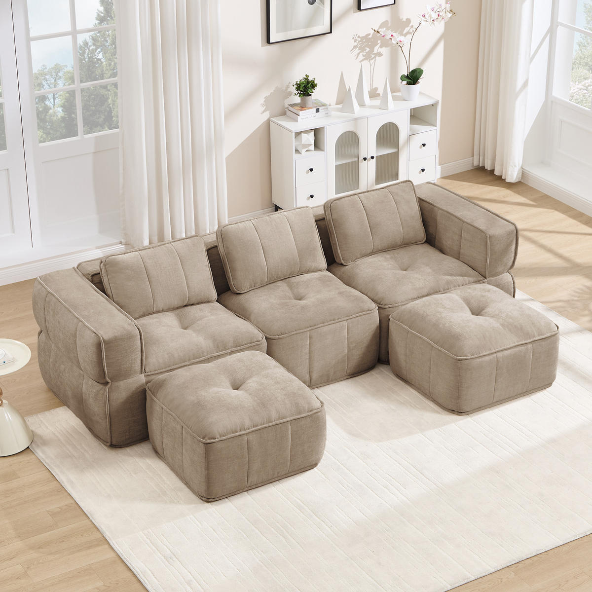 CANAPEA 3 LOCURI cu 2 taburete, minimalist, Poliester-nisipiu - nisipiu, material textil (162/67/271cm) - KOMHTOM