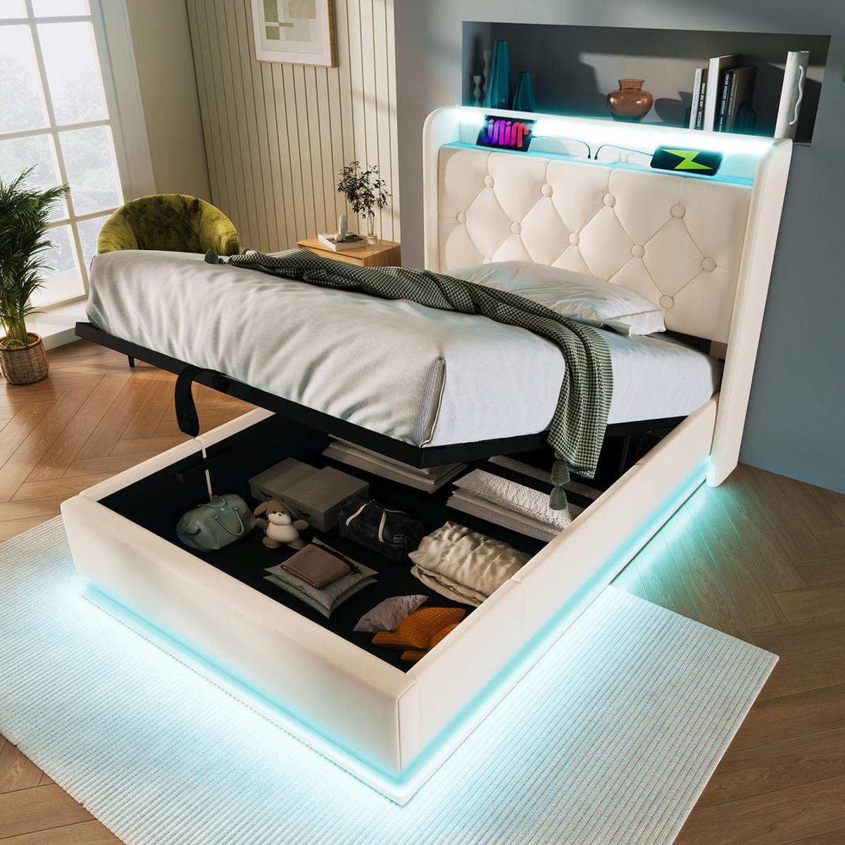 POLSTERBETT 90X200 cm mit LED Kopfteil und USB C Stauraum - Weiß, Holz (90/200cm) - FLIEKS