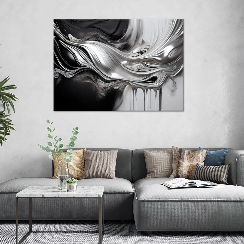 LEINWANDBILD Schwarze und silberne 3D-Abstraktion 90x60cm - Schwarz, Textil (90/60cm) - Feeby