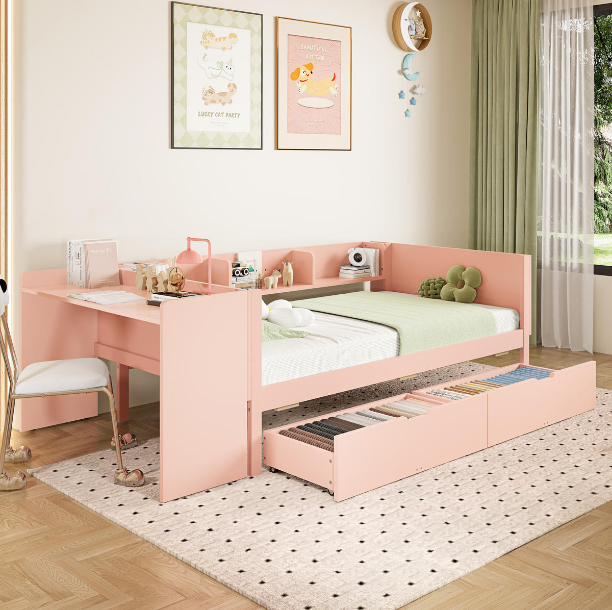 KINDERBETT 90/200 cm Rosa/Weiß aus Kiefer mit Schreibtisch, 2 Schubladen und Regalen - Rosa, Holz (90/200cm) - OKMYHOME