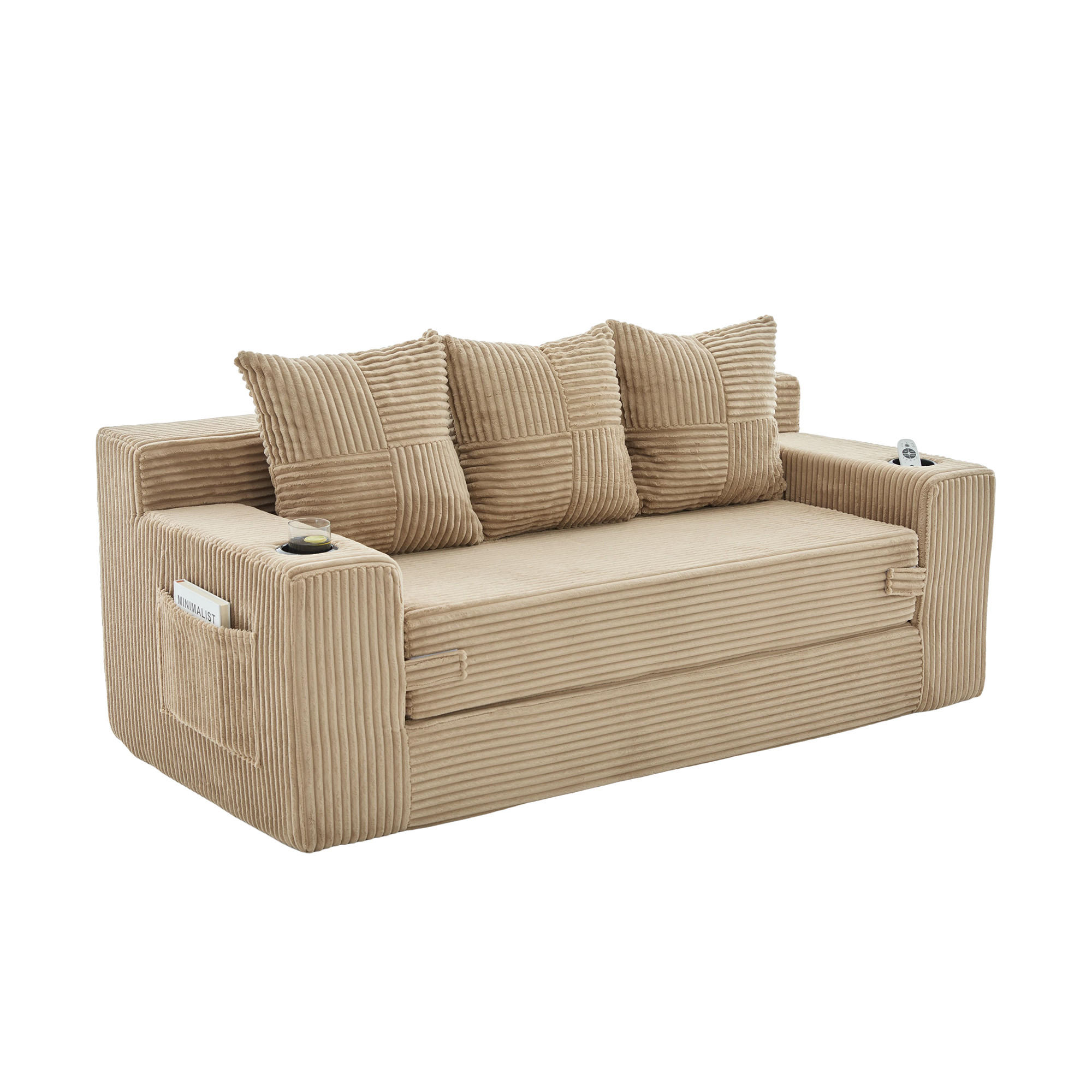 SCHLAFSOFA Modular mit Getränkehaltern und Seitentaschen, DE-42913, Khaki - Sandfarben, Textil (172/64/87cm) - ComfortXL