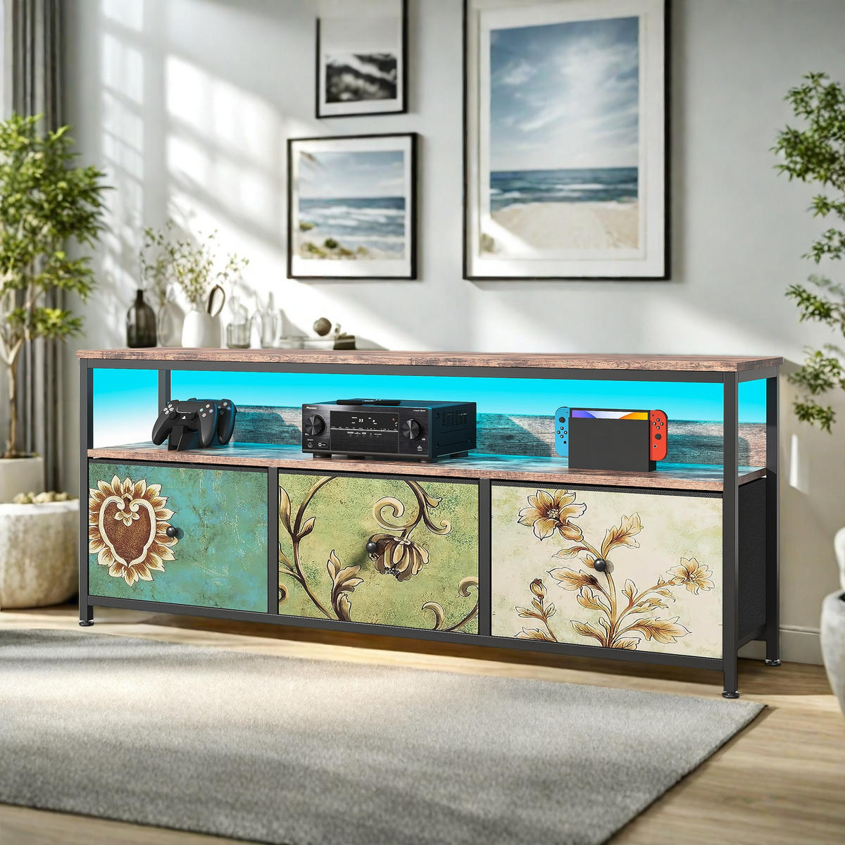 TV-SCHRANK 137 cm mit LED, 3 Stoffschubladen & Offene Fächer - Multicolor, Holz (30/57/137cm)