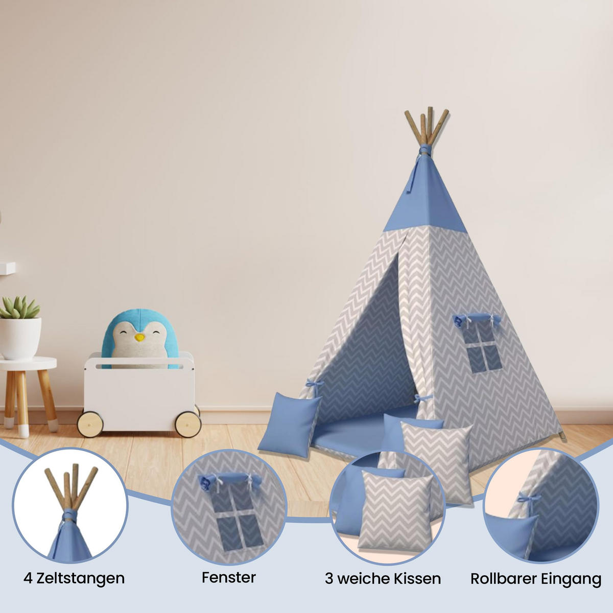 TIPI-ZELT 105 x 105 x 140 cm Zickzack blau mit weichen Kissen | Spielzelt für Kinderzimmer Indoor - Blau, Textil (105/105cm) - Best for Kids