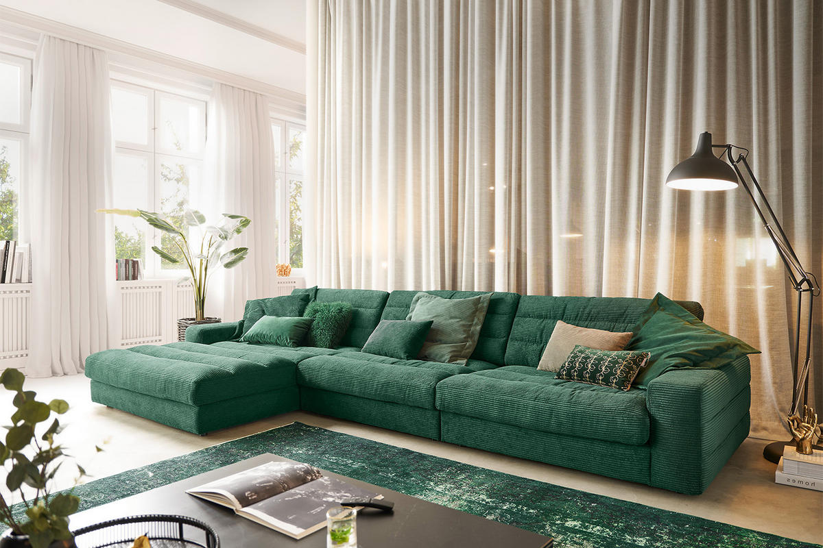ECKSOFA XL LANA Smaragdgrün Cord - Smaragdgrün/Schwarz, Textil (416/205cm) - KAWOLA