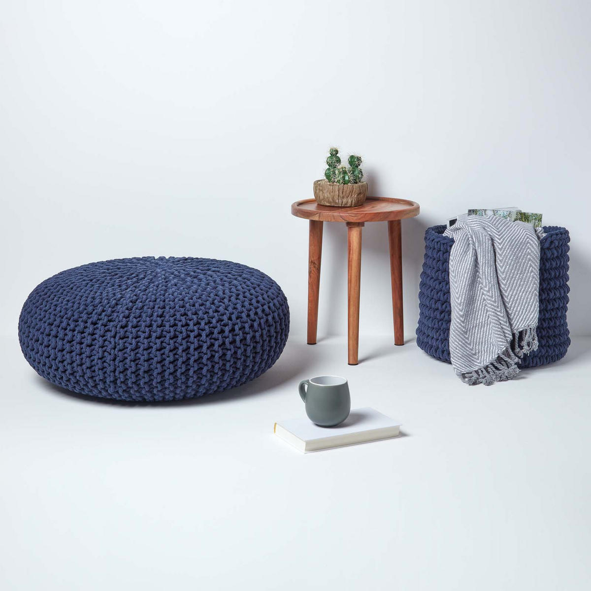 STRICK-POUF dunkelblau, Bodenkissen rund 70/70/23 cm - Dunkelblau, Textil (70/23/70cm) - Homescapes
