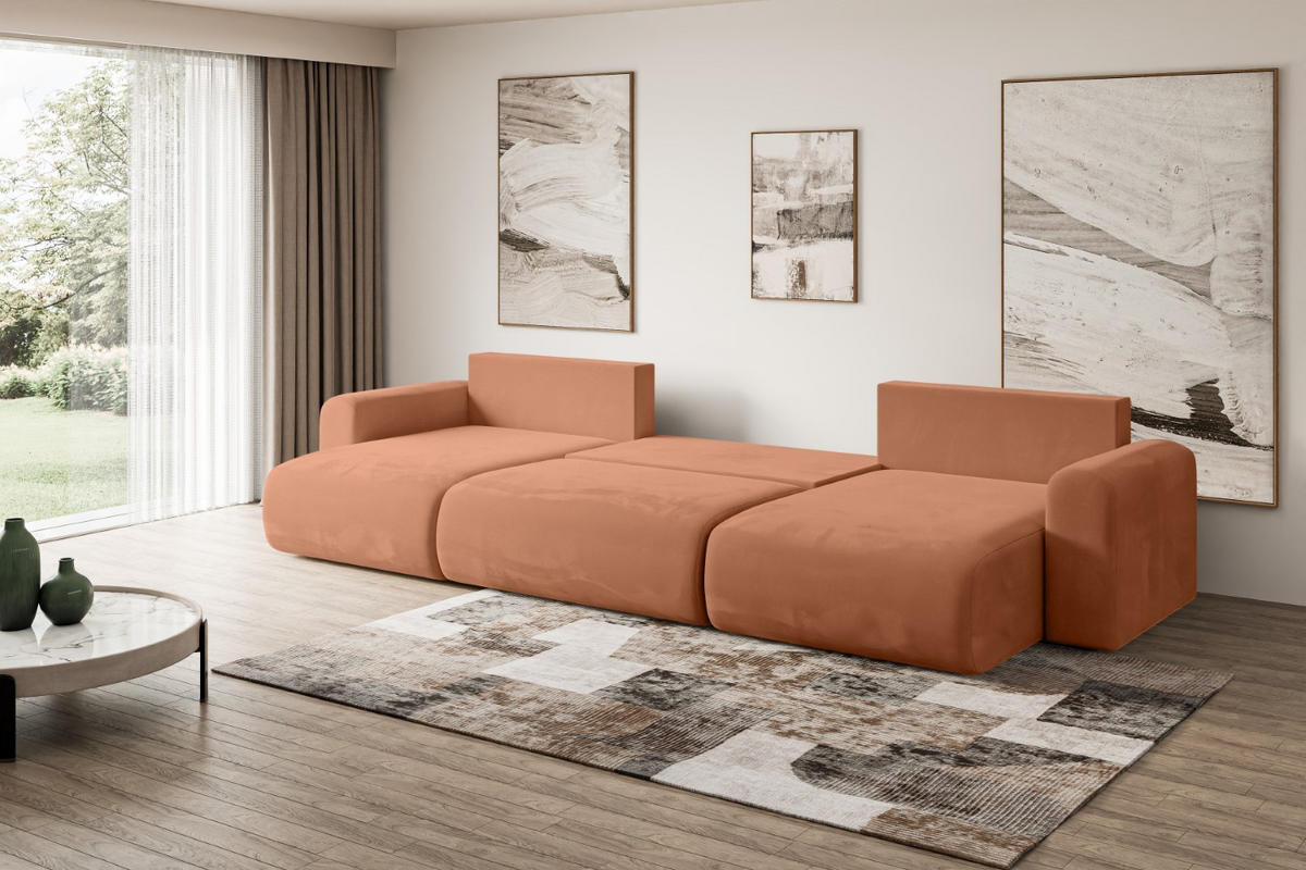 WOHNLANDSCHAFT mit Schlaffunktion und Bettkasten ORRO-U - 362x145x83 cm Koralle Velours - Koralle/Schwarz, Holzwerkstoff/Kunststoff (362/83/145cm) - ALTDECOR