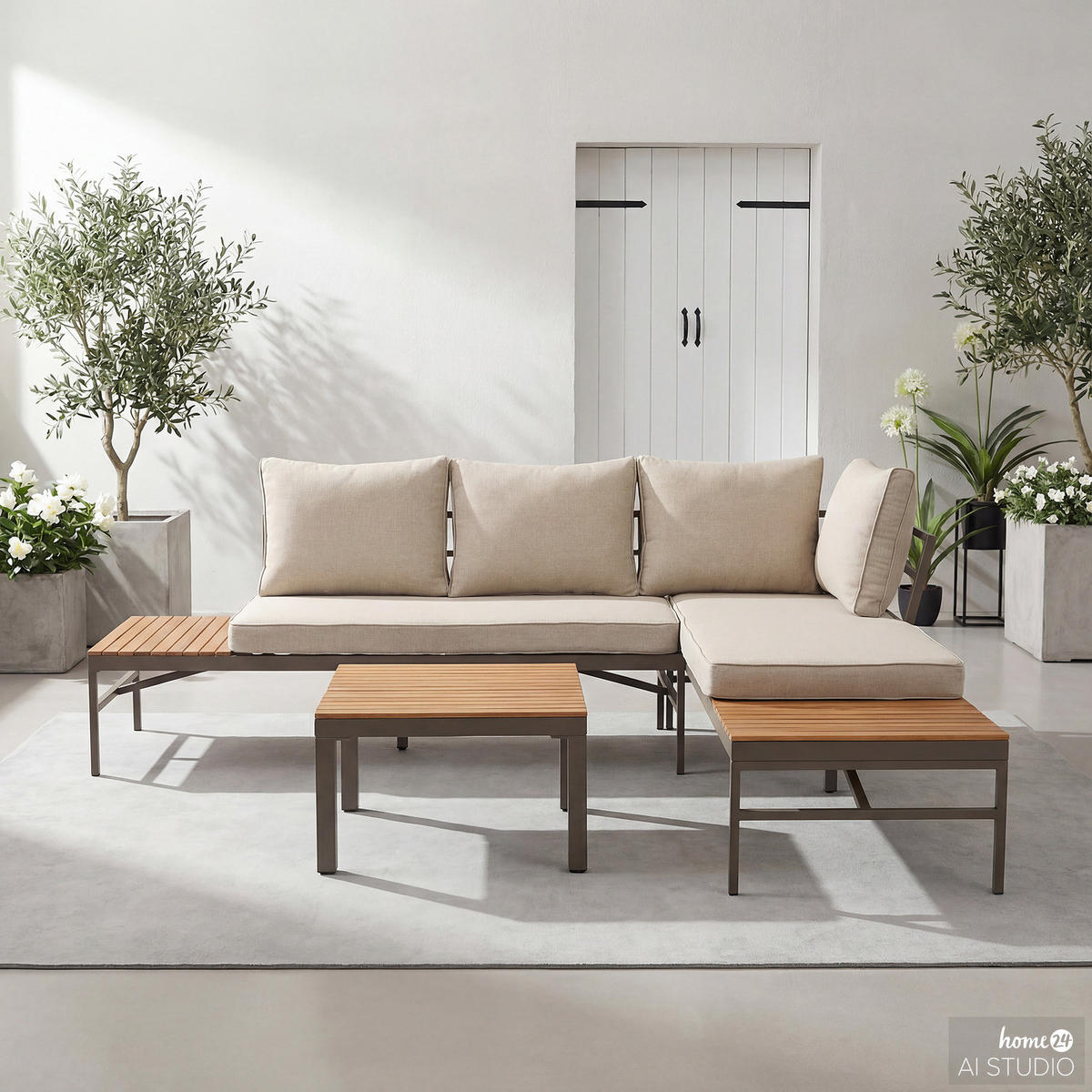 LOUNGESET - 3-teilig - Webstoff / Akazie massiv - Beige / Akazie Braun - Beige, Holz/Textil - home24