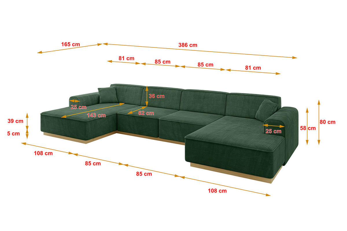WOHNLANDSCHAFT IREA-U2-v2 - 386x165x80 cm Grün - Currygelb, Holzwerkstoff/Textil (386/80/165cm) - ALTDECOR