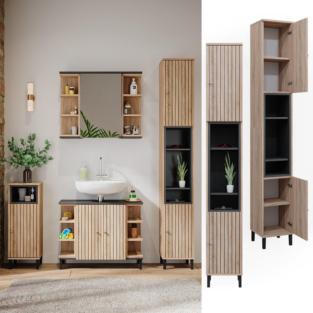 BADSCHRANK Aquis Braun 30 x 190 cm mit Türen, und offenen Fächern - Braun/Sonoma Eiche, Holzwerkstoff (30/190/30cm) - Vicco