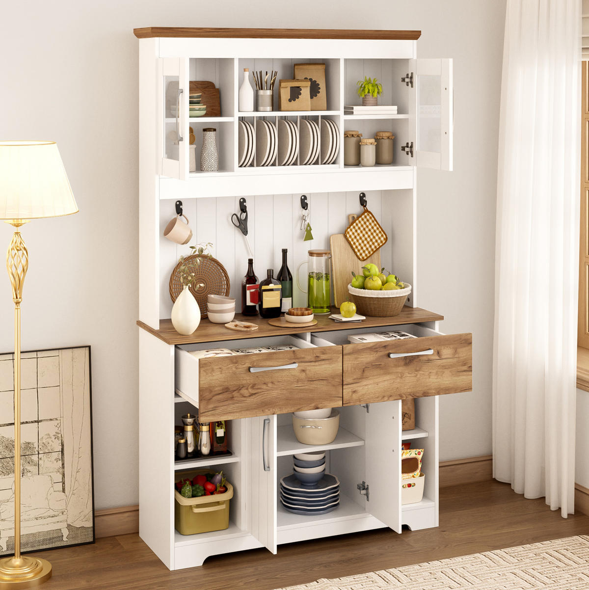 BUFFET 106/39/176,5 cm in Weiß/Natur mit Vitrinenfächern und Hakenleiste - Naturfarben, Holzwerkstoff (106/176.5/39cm) - Flora Grace