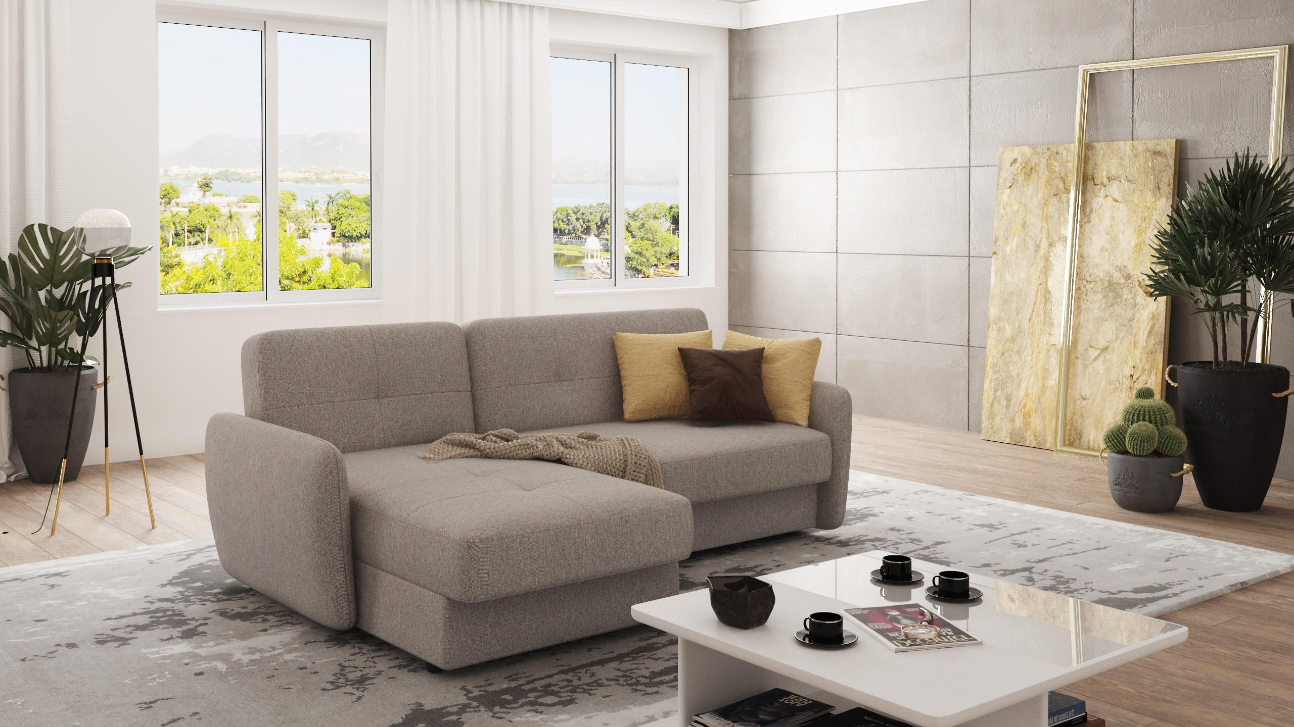 Thumbnail - S-Style Möbel Ecksofa, Beige, Textil, Echtholz,Buche, Birke, 4-Sitzer, Füllung: Schaumstoff, Eckteil, L-Form, Ottomane l...