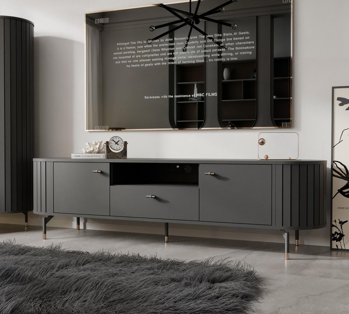 TV-LOWBOARD geriffelt, mit Schublade, Schwarz - Schwarz, Holzwerkstoff (180/49/40cm) - Idohome