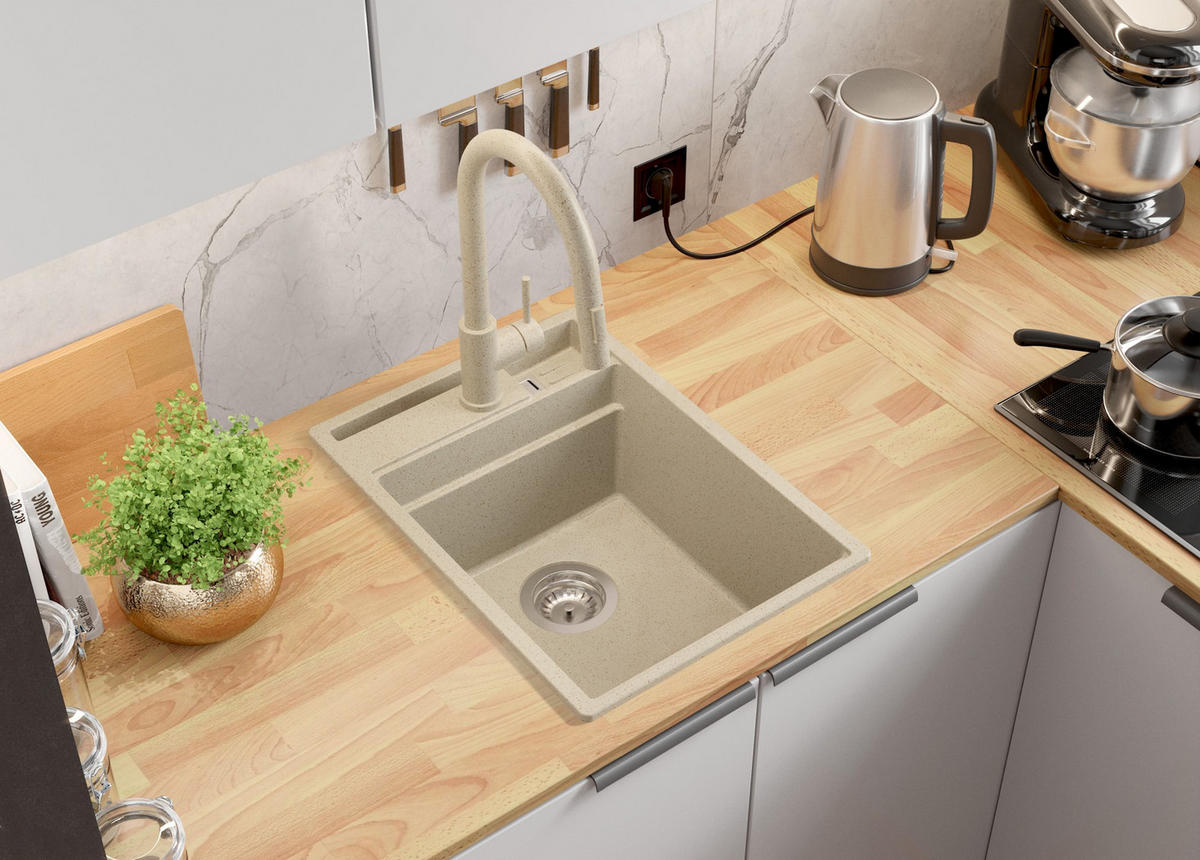 SPÜLBECKEN Oslo Pocket, 2-er set Beige 38/53 cm 1 Becken + Ablauf-Set + Küchenzubehörset ab 40er Unterschrank - Chromfarben/Beige, Kunststoff (38/20/53cm) - Primagran