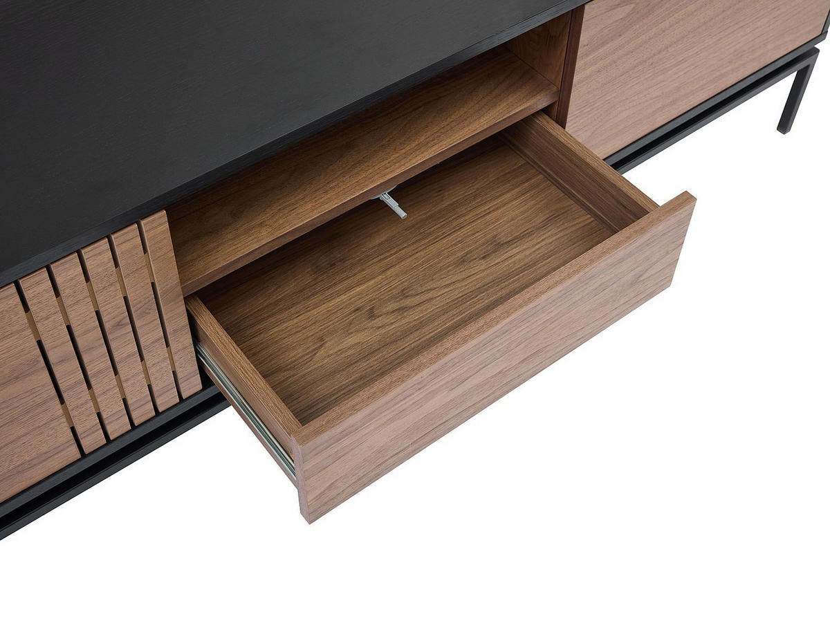 TV-MÖBEL mit 2 Türen, 1 Schublade & 1 Ablagefach - Nussbaumfurnier & Metall - Holzfarben dunkel & Schwarz - ZINORI - Schwarz, Metall (40/55/180cm) - Vente-Unique