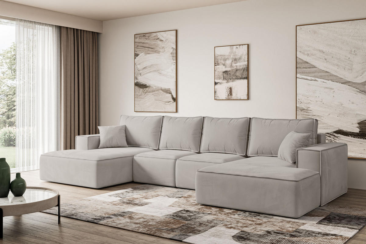 WOHNLANDSCHAFT mit Schlaffunktion und Bettkasten SIERRA-U-S - 349x161x87 cm Hellbraun Velours - Hellbraun/Schwarz, Holzwerkstoff/Kunststoff (349/87/161cm) - ALTDECOR