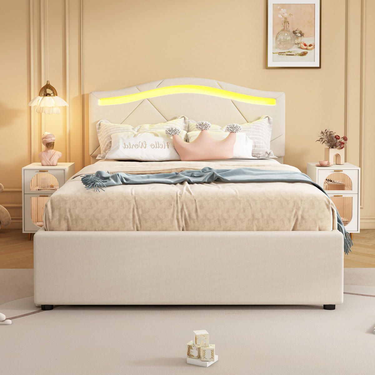 POLSTERBETT aus Leinen und MDF 90x200 cm Beige mit LED-Beleuchtung, 2 Schubladen und verstellbarem Kopfteil - Beige, Textil (90/200cm) - IVMEU