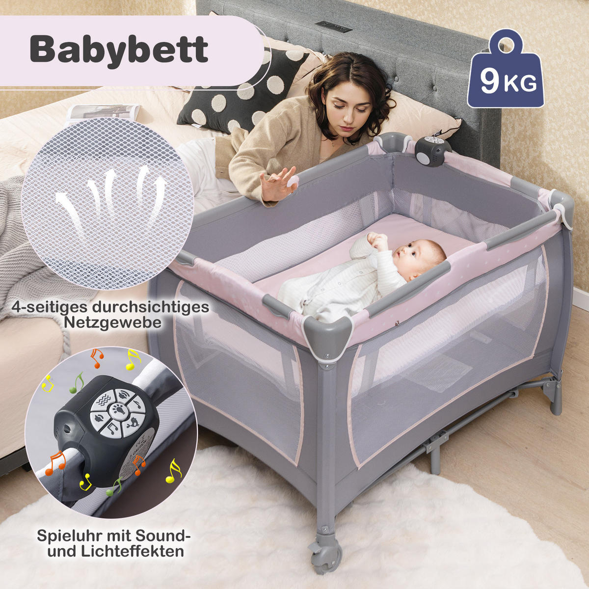 BABYBETT mit Matratze rosa - Pink, Textil - COSTWAY