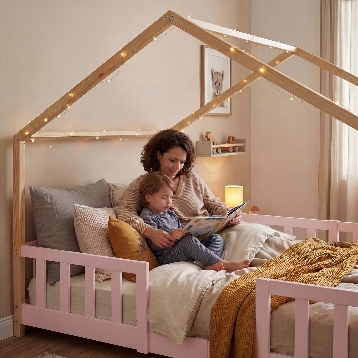 HAUSBETT Treviolo - Pink/Naturfarben, Holz (120/200cm) - [en.casa]