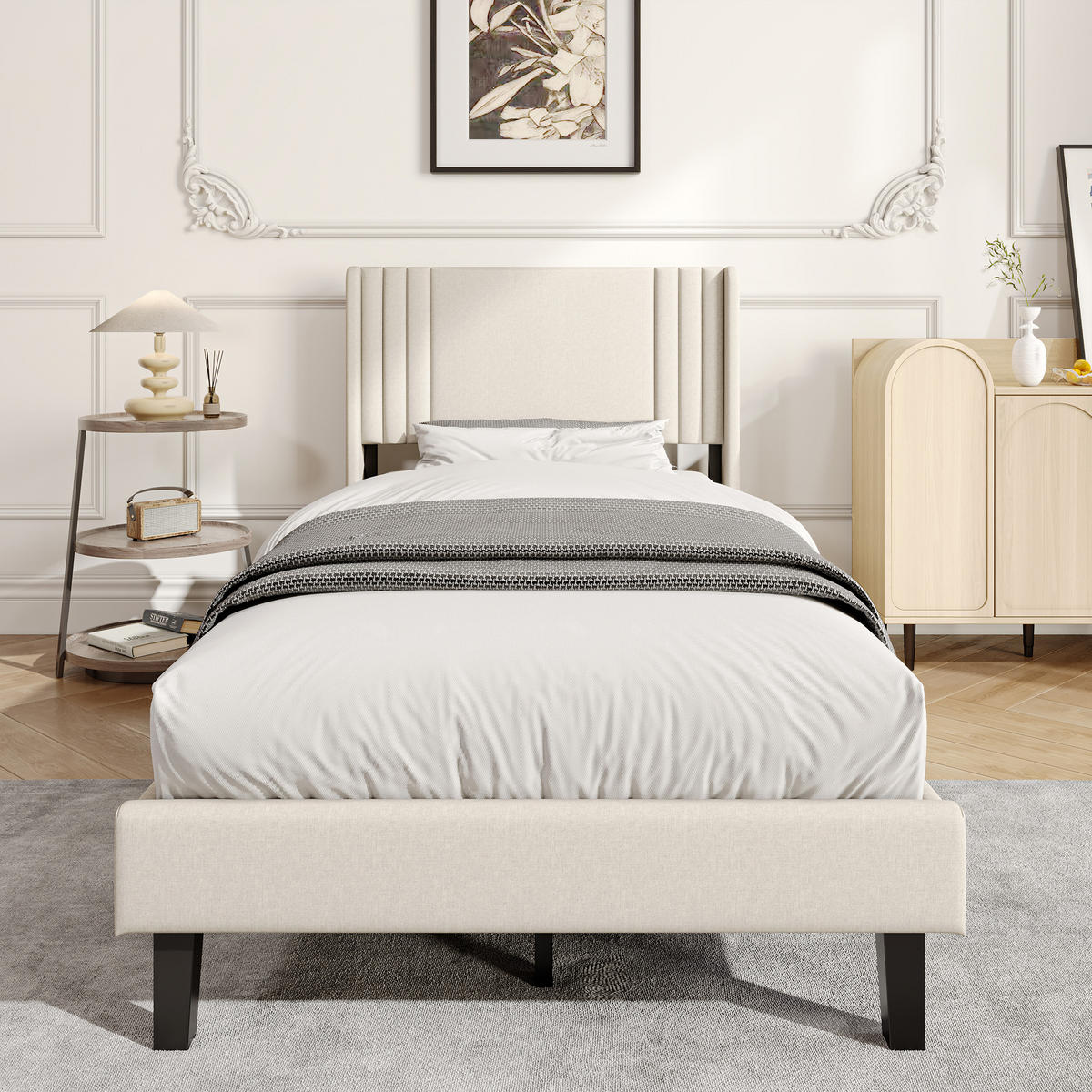 POLSTERBETT 90x200 cm Einzelbett mit Lattenrost, Leinenstoff Beige - Beige, Metall (90/200cm) - EuroLiving