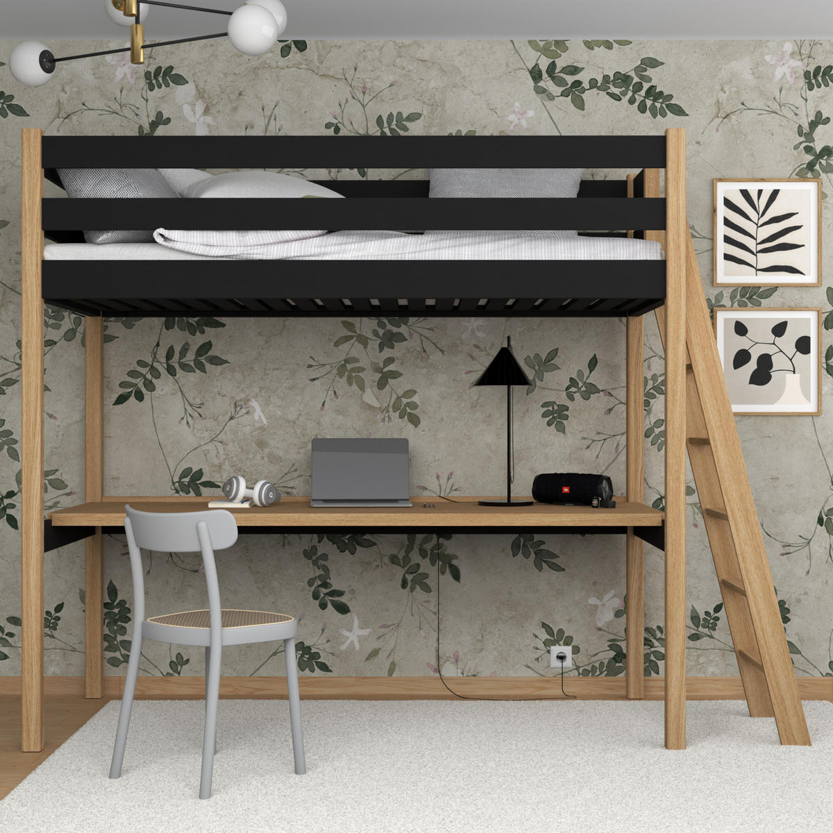 HOCHBETT N02 mit Schreibtisch Schwarz / Eiche Natur 80/200 - Schwarz/Eiche Artisan, Naturmaterialien/Holz (80/200cm) - N-Wood