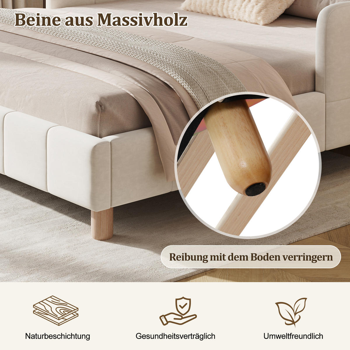 KINDERBETT 140/200 cm in Beige Samt mit Taschen - Beige, Holzwerkstoff/Textil (140/200cm) - WISHDOR