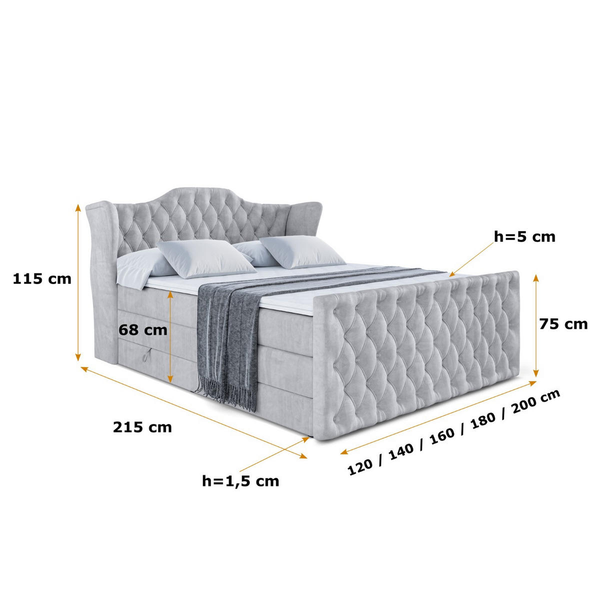 BOXSPRINGBETT VILA-Z KING - 160x200 - H3/H4 - Hellgrau - Hellgrau, Holzwerkstoff (160/200cm) - ALTDECOR