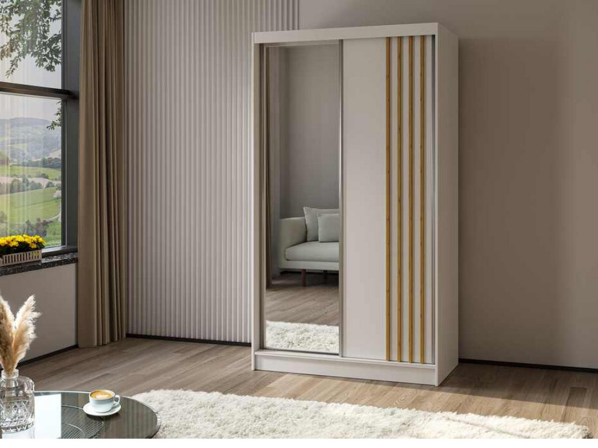 SCHWEBETÜRENSCHRANK Neli 120 cm mit Lamellen und Spiegel 2-türig, weiß, weiß, Lamelle Artisan - Weiß/Braun, Kunststoff (120/216/61cm) - Margaret Hadas24