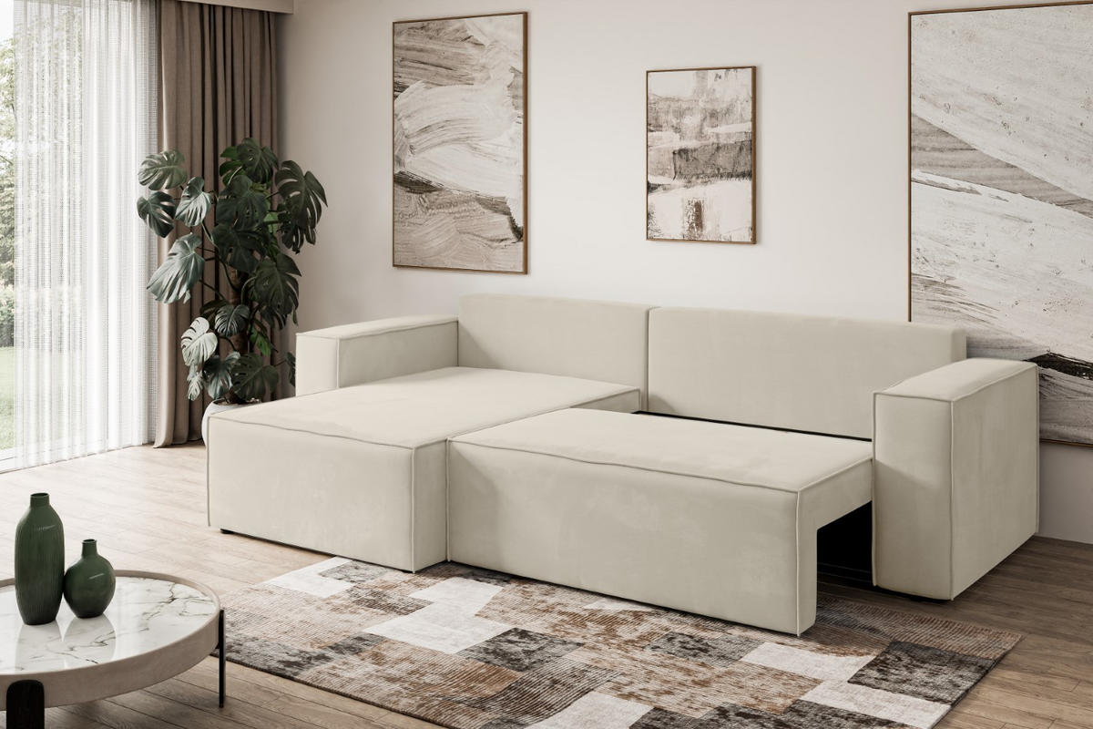 ECKSOFA mit Schlaffunktion und Bettkasten CELTIC-XL - 277x143x83 cm Beige Velours - Beige/Schwarz, Holzwerkstoff/Kunststoff (277/143cm) - ALTDECOR