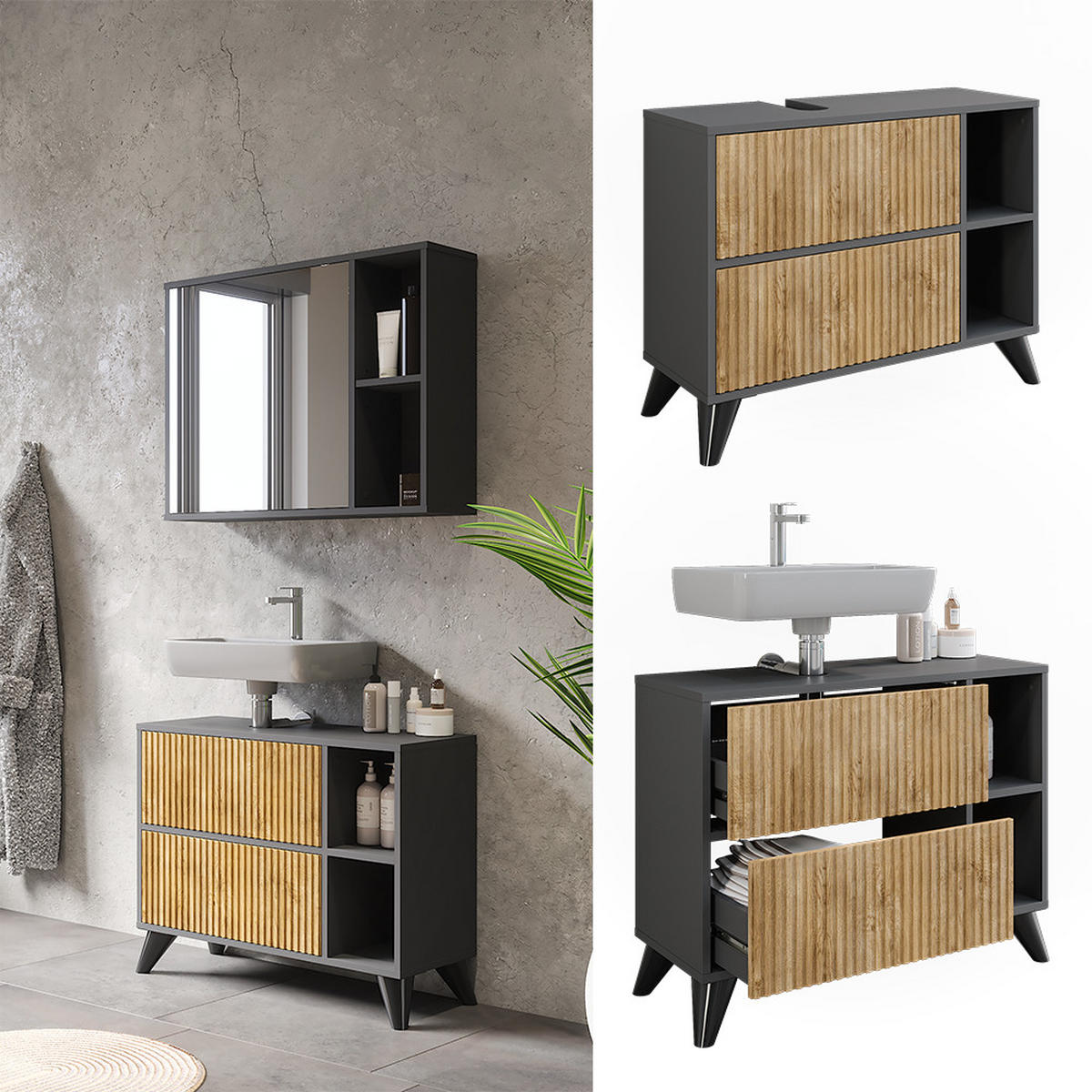 WASCHBECKENUNTERSCHRANK Leano Anthrazit/Bergeiche 80 x 62 cm mit 2 Schubladen - Anthrazit, Holzwerkstoff (80/62/30cm) - Vicco