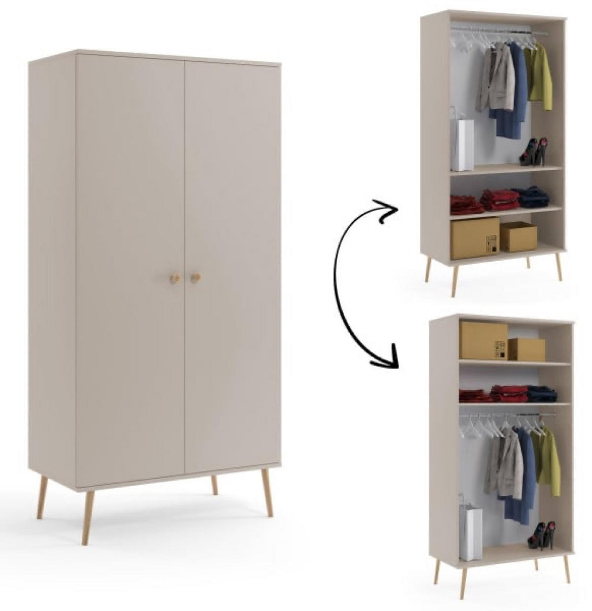 SCHRANK Kaschmir Boho Tiefe Holzbeine 2 Regale Und Kleiderstange - Kaschmir/Eichefarben, Holzwerkstoff (100/202/52cm) - Sepro Meble