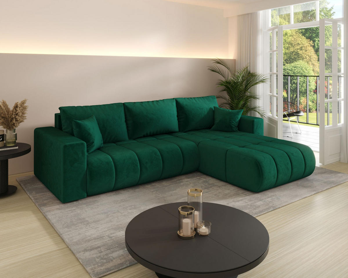 ECKSOFA LARA PREMIUM rechts grün Velours Monolith 37 - Schlaffunktion, Bettkasten - Grün, Textil (280/174cm) - Cornero