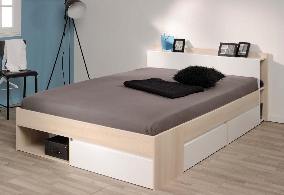 BETT mit Regal und 3 x Schubkasten Stauraumbett 140 x 200 cm - Eichefarben/Weiß, Holz/Holzwerkstoff (140/200cm) - Parisot Meuble