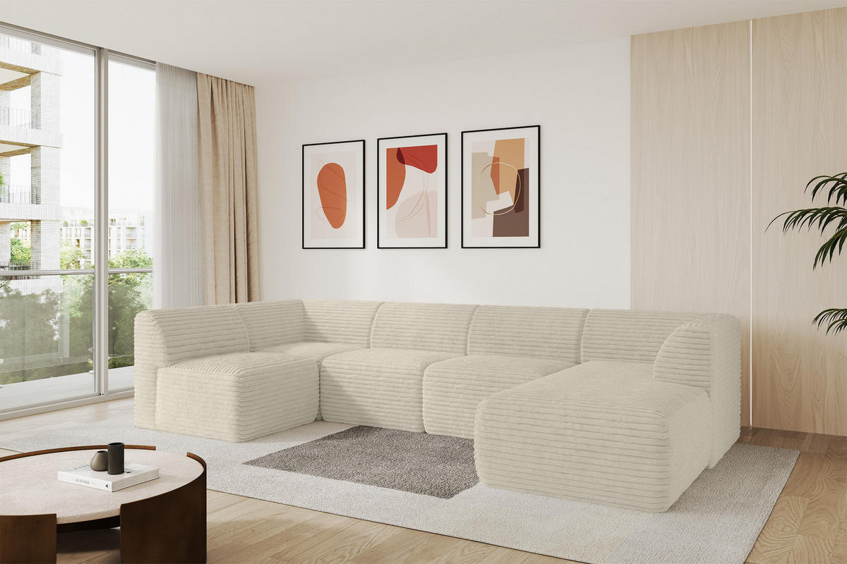 WOHNLANDSCHAFT Ottomane Rechts MOVO-L 345x180x78 cm Creme Cord - Ecru, Holzwerkstoff/Kunststoff (180/78/345cm) - ALTDECOR