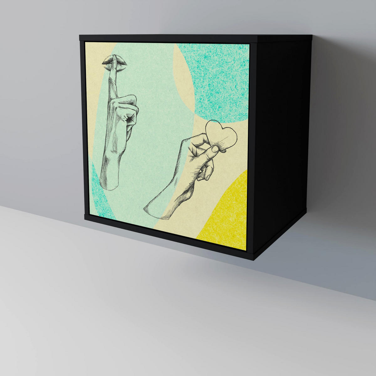 SIDEBOARD BODY LANGUAGE, Schwarz, 57,5x42x72,5 cm, Schwarze Metallfüße - Multicolor/Schwarz, Holzwerkstoff/Metall (57.5/72.5/42cm) - SpaceRebels