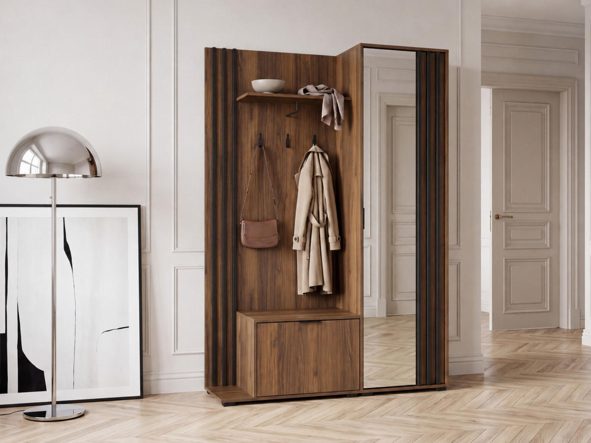 GARDEROBE STILO 131 cm (Nussbaum, Schwarze Lamellen, Spiegel, Metallgriffe) - Walnussfarben/Schwarz, Holz/Holzwerkstoff (131/192/40cm) - Ravio
