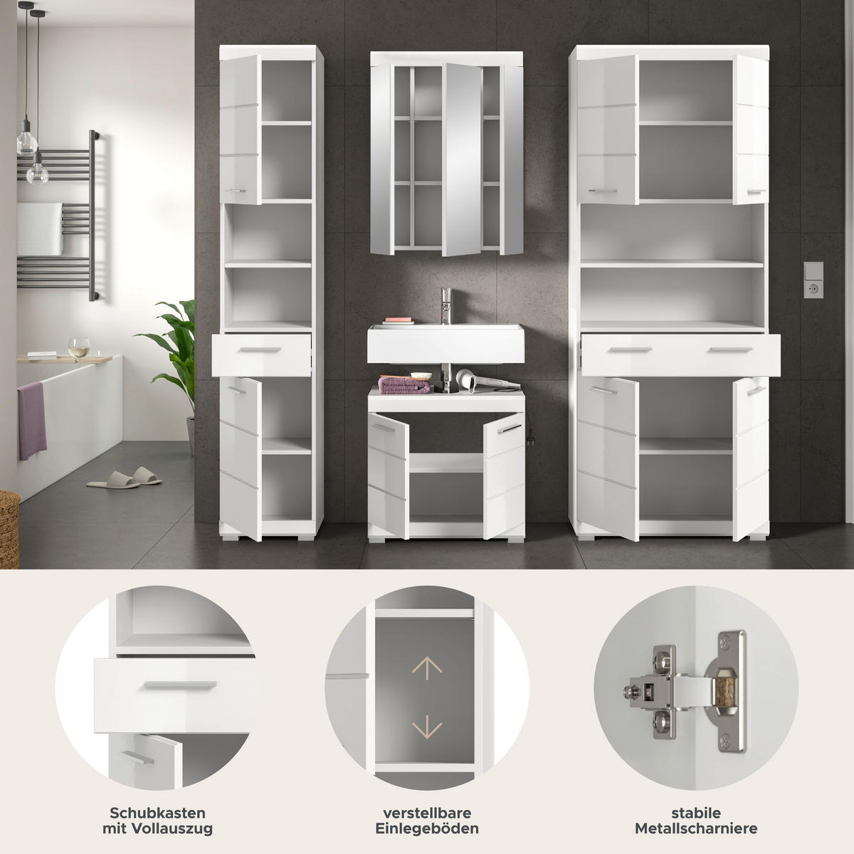 BADKOMBINATION 4tlg. Scout Bad in weiß Nachbildung und weiß hochglanz B/H/T: 186x191x34 cm - Weiß, Holz (186/191/34cm)