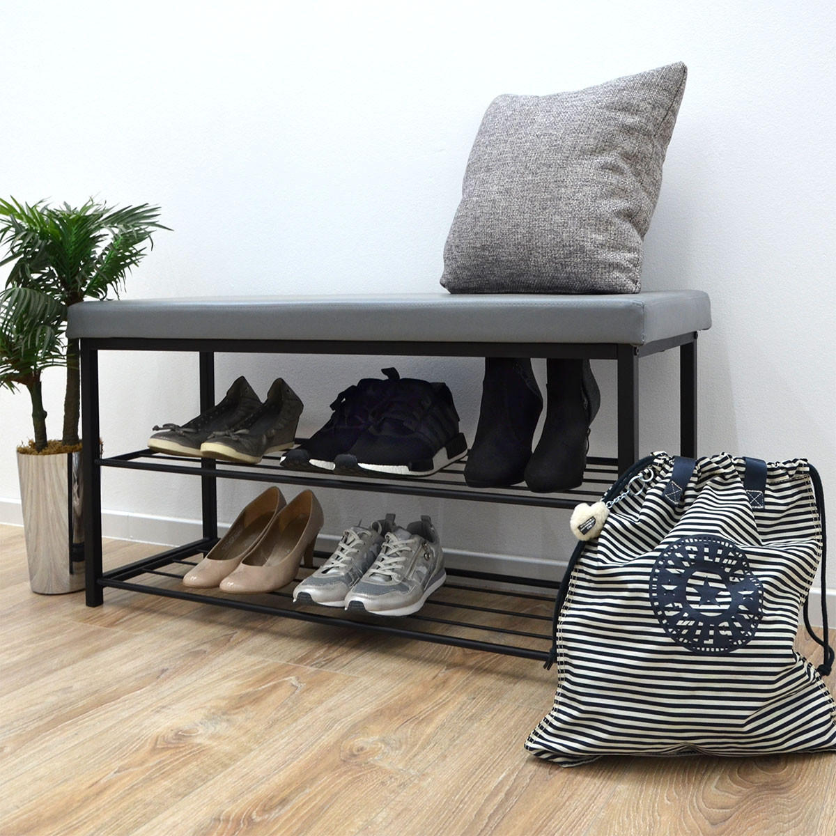 SITZBANK-SCHUHREGAL 96/32,5/51 cm, Grau - Grau, Kunststoff (32.5/51/96cm) - Dunedesign