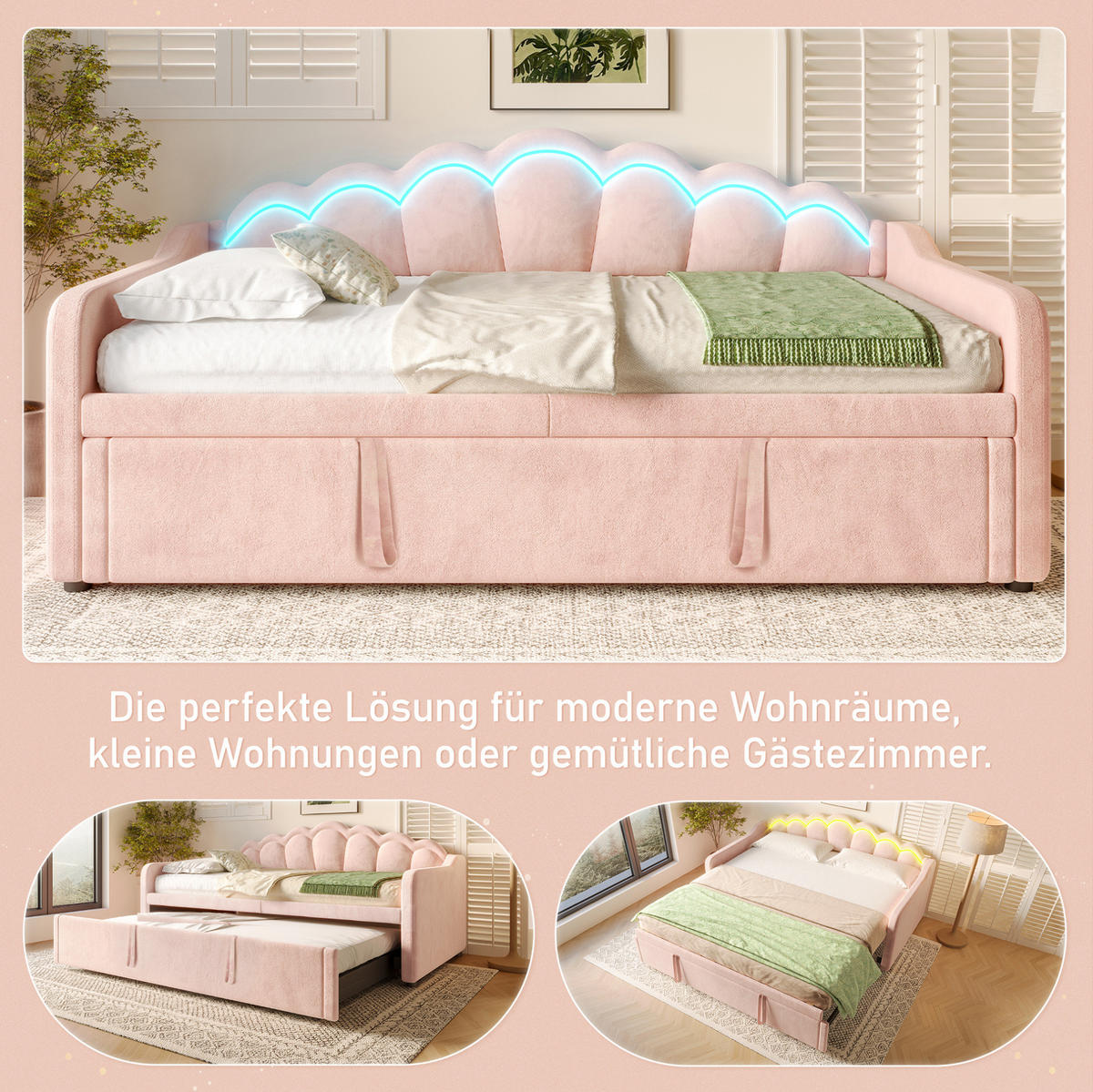 BETT 90/200 cm mit ausziehbarem Unterbett und LED in Rosa - Rosa, Textil (90/200cm) - BEAOK