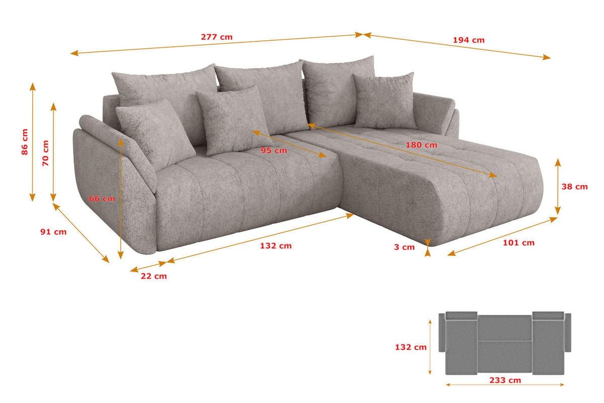 ROHOVÁ SEDAČKA s funkcí spaní, otoman vpravo TOKO-L 277x194x86 světle šedá velur - černá/světle šedá, kompozitní dřevo/textil (277/194cm) - ALTDECOR