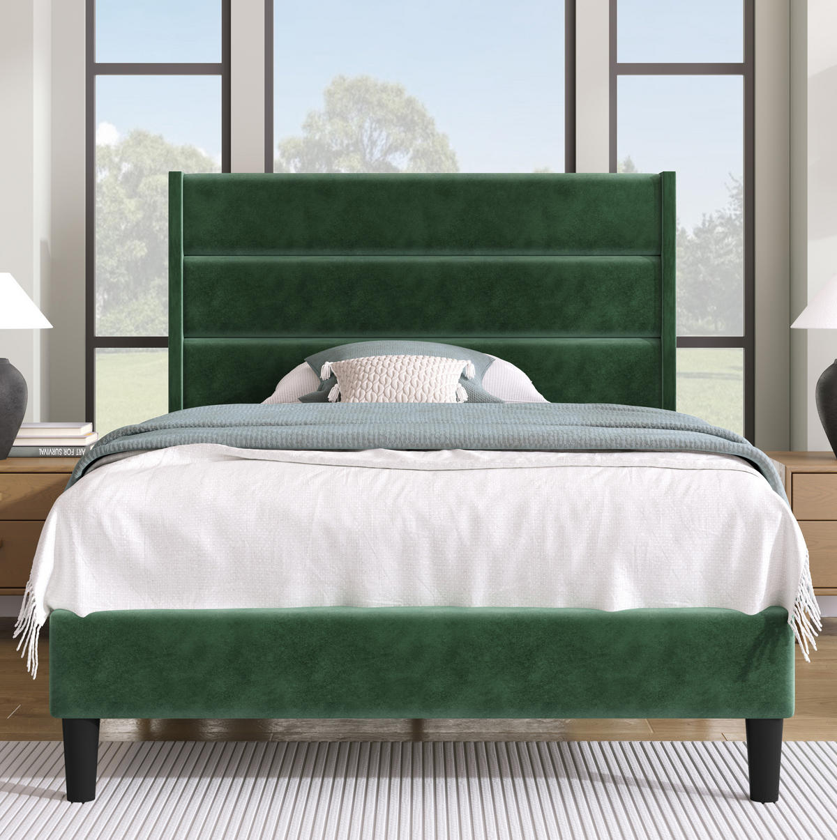 POLSTERBETT 90/200 cm dunkelgrün aus Samt mit Matratze - Grün, Textil (90/200cm) - OKWISH